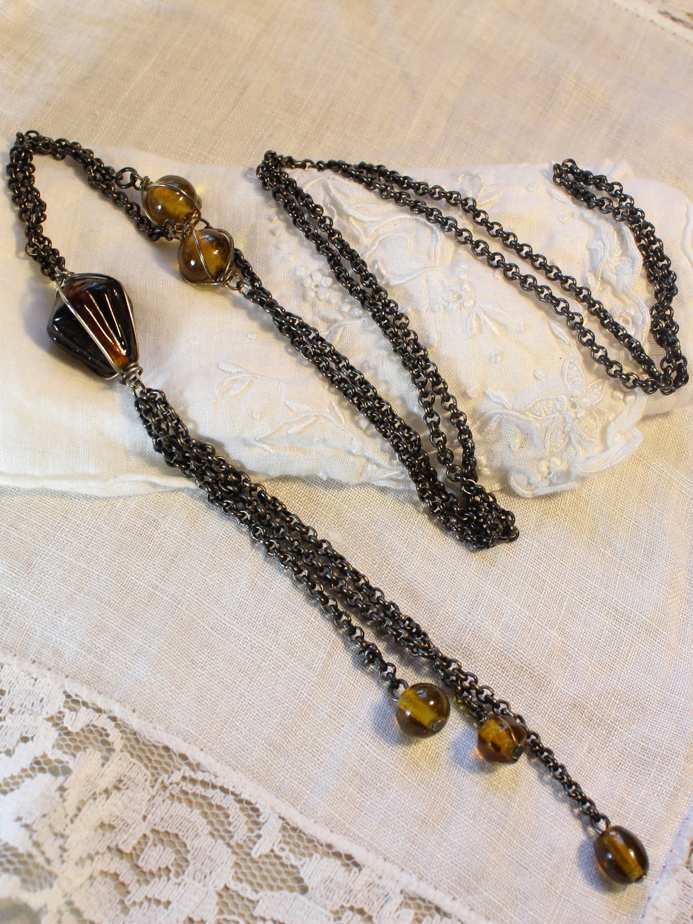 Boho Art Deco Style Brown Amber Glass Bead Lariat Tassel Necklace